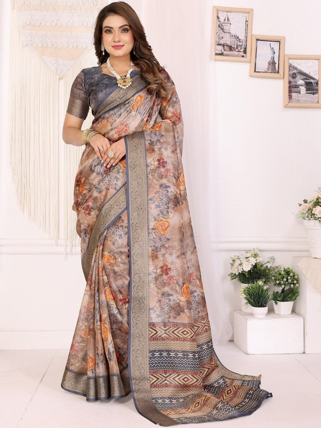 Beige Mulberry Silk Digital Printed Saree With Contrast Blouse Piece