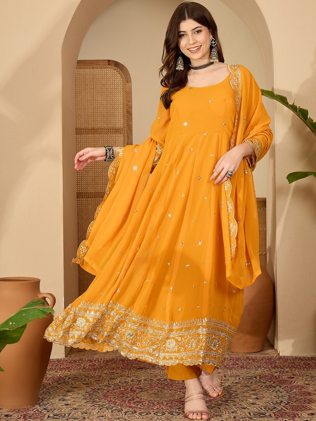 Yellow Georgette Thread And Sequence Work Anarkali Kurta with Trouser And Dupatta