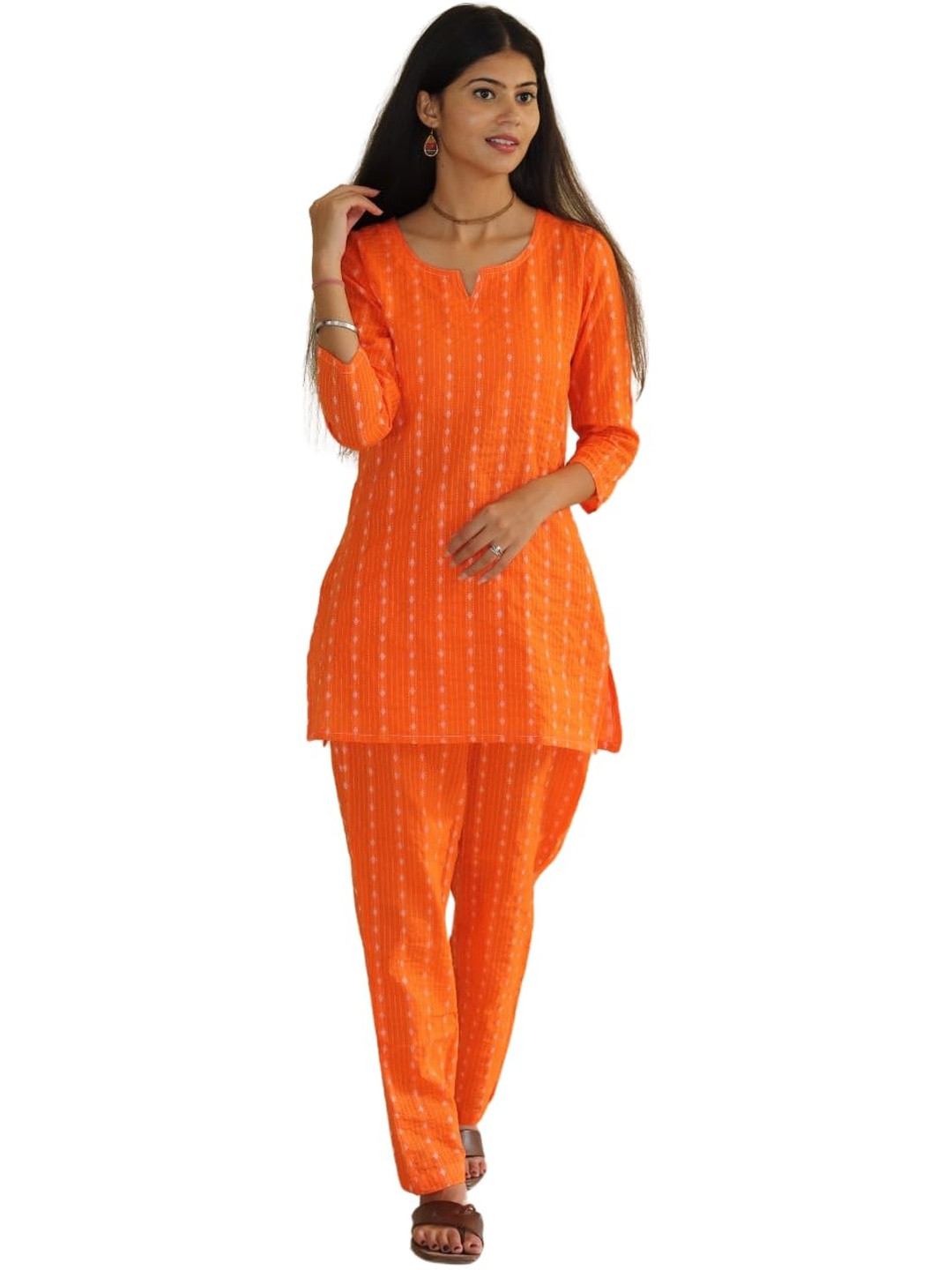 PUSHPRAJ FASHION Women's Cotton Round Neck 3/4 Sleeves Striped Pattern Printed Kurta Set (Orange -2XL)