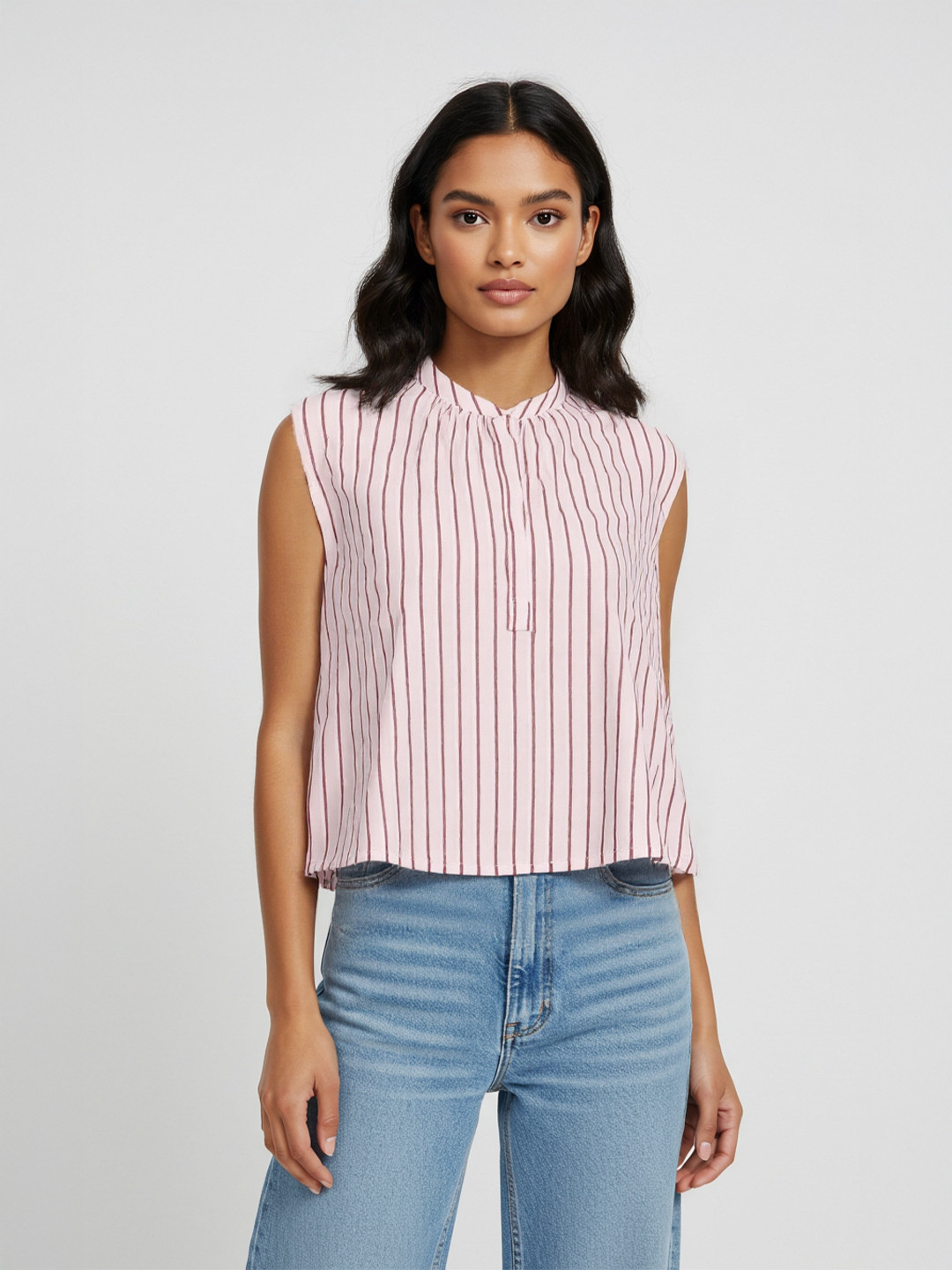Pink and Maroon Striped High Neck Sleeveless Top