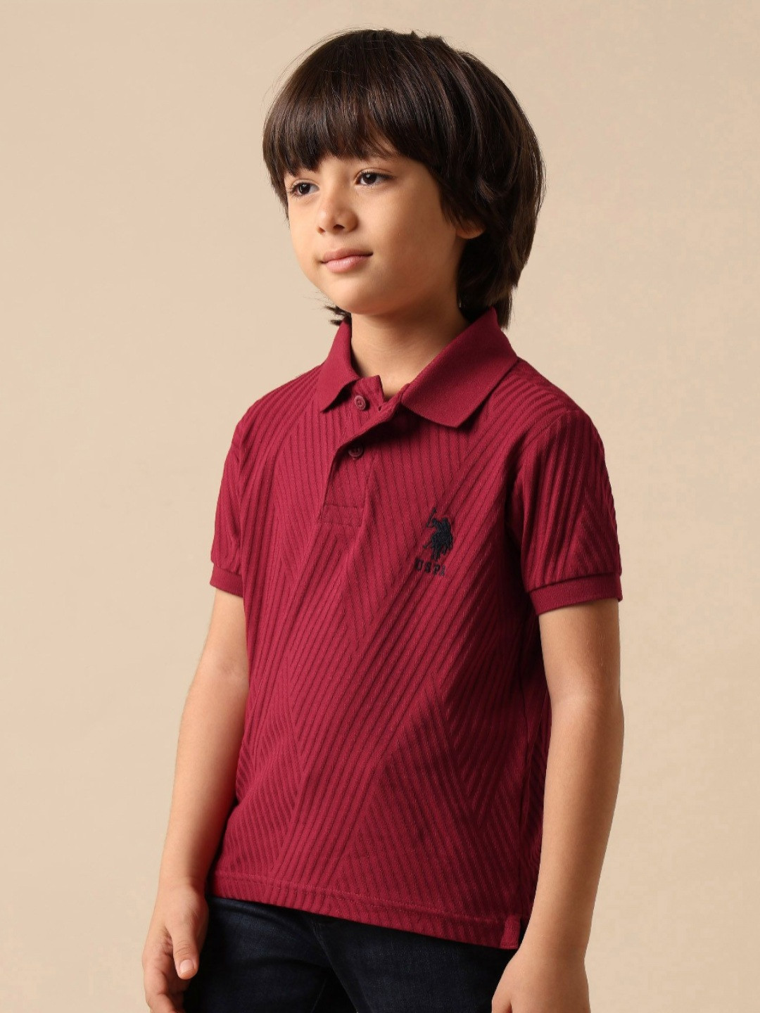 Uspa Kids Boys Textured Pure Cotton Polo T-shirt