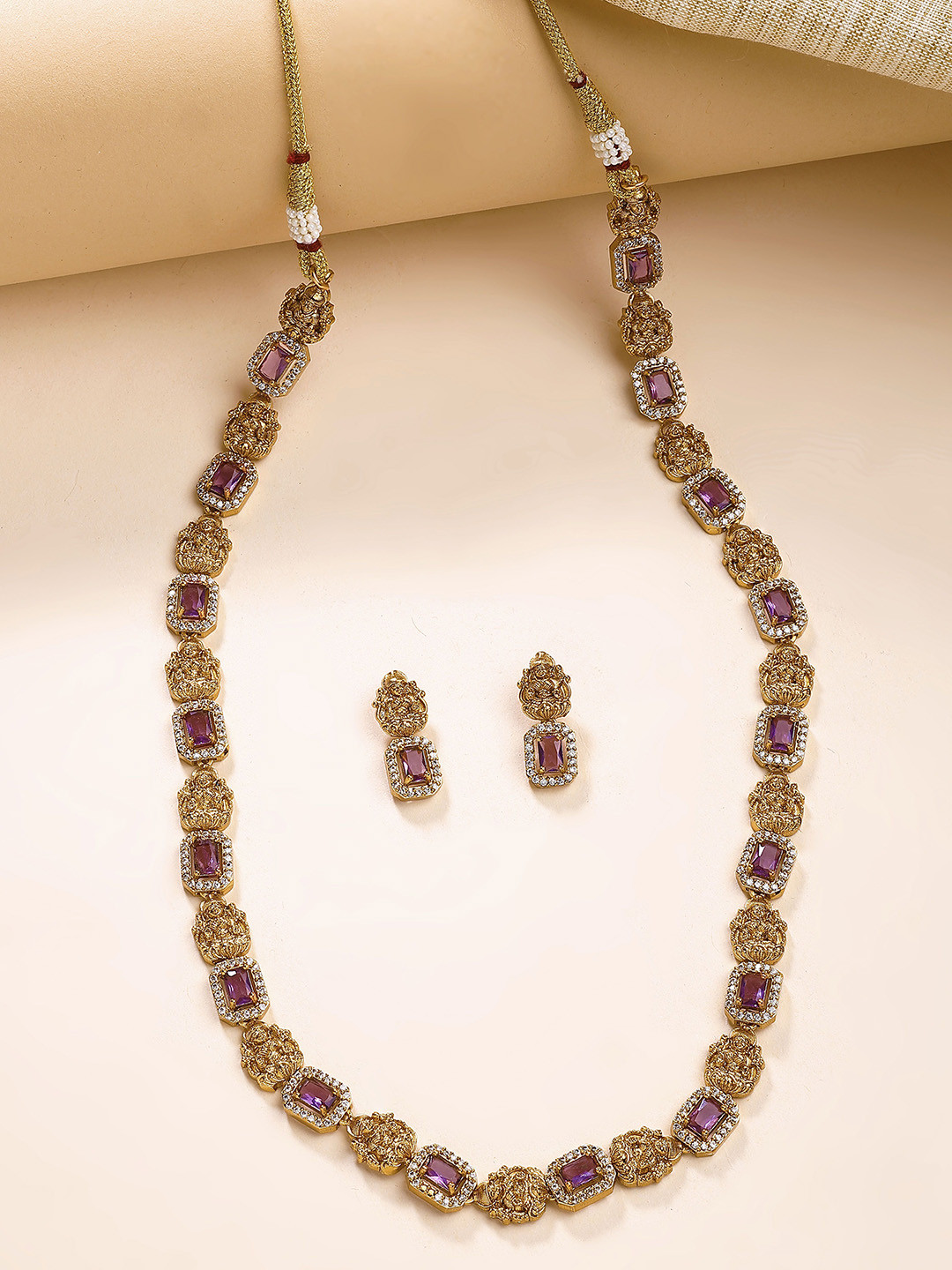KARATCART Gold-Plated American Diamond Laxmi Mata Rani Temple Jewellery Set