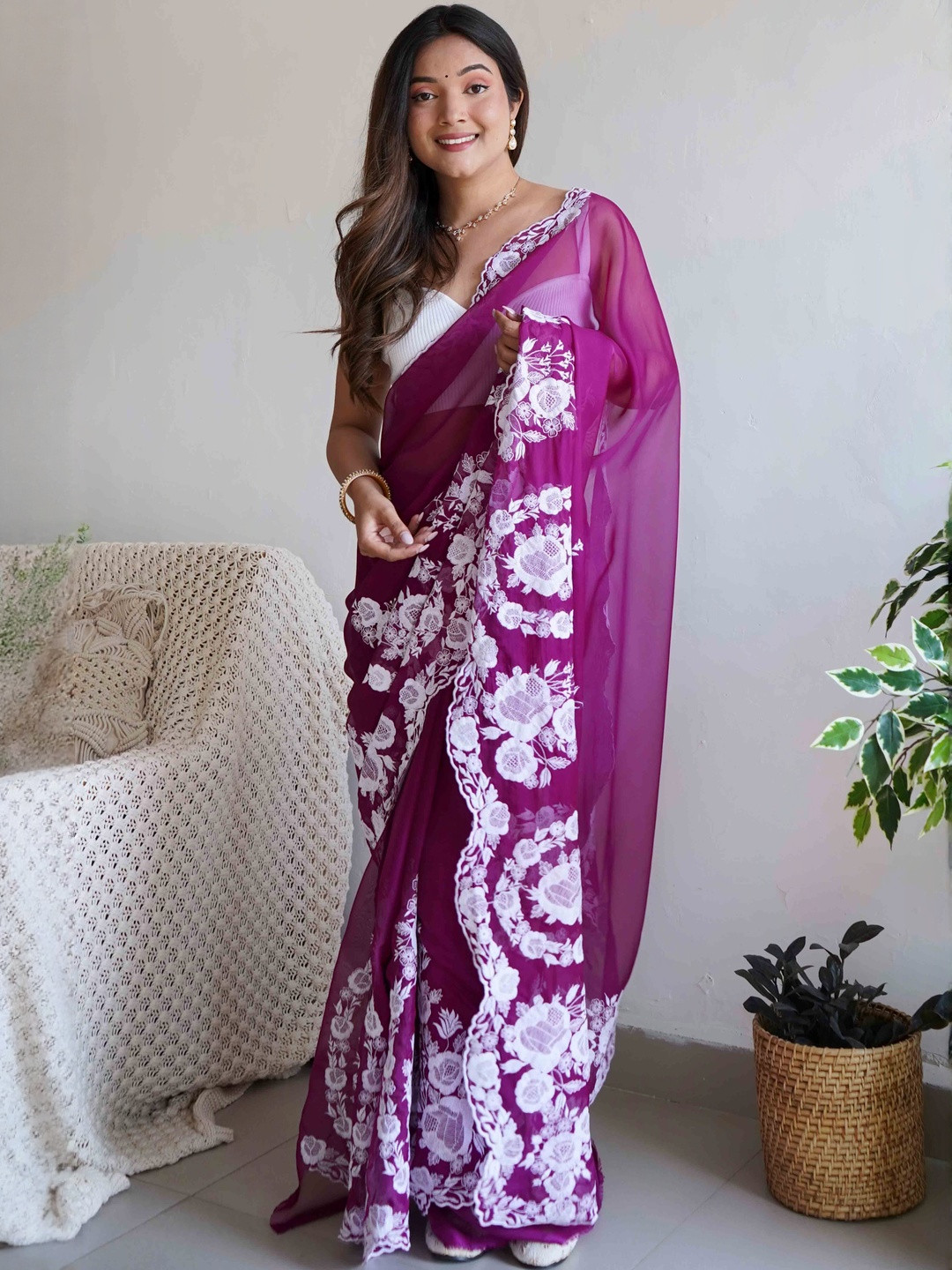 Wine Embroidered Georgette Saree Featuring Ornate Heavy Thread Work