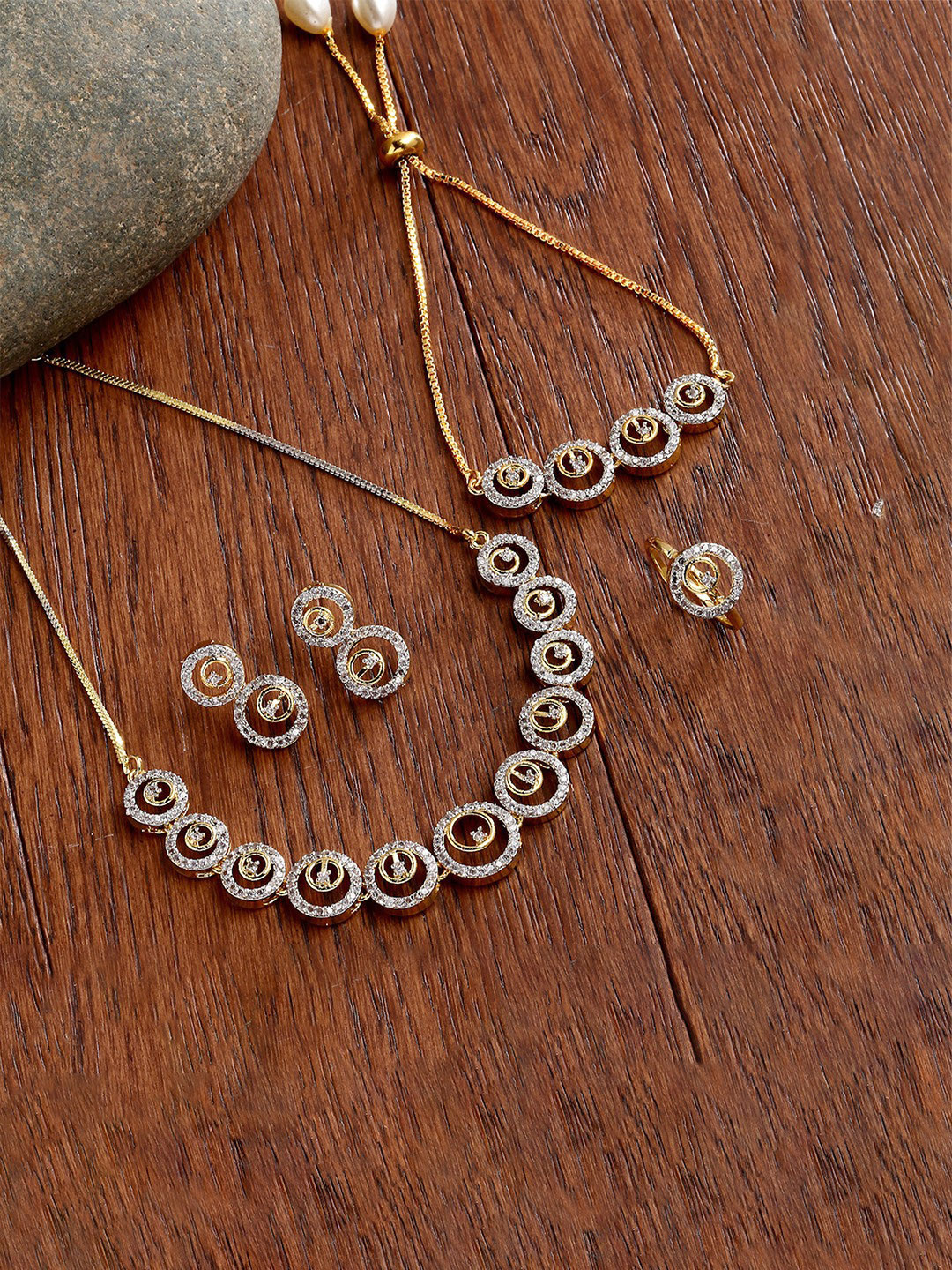 ZENEME Gold-plated & White AD-Studded Triangle Shaped Jewellery Set