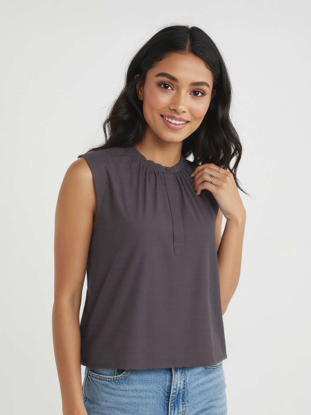 Charcoal Grey High Neck Sleeveless Top