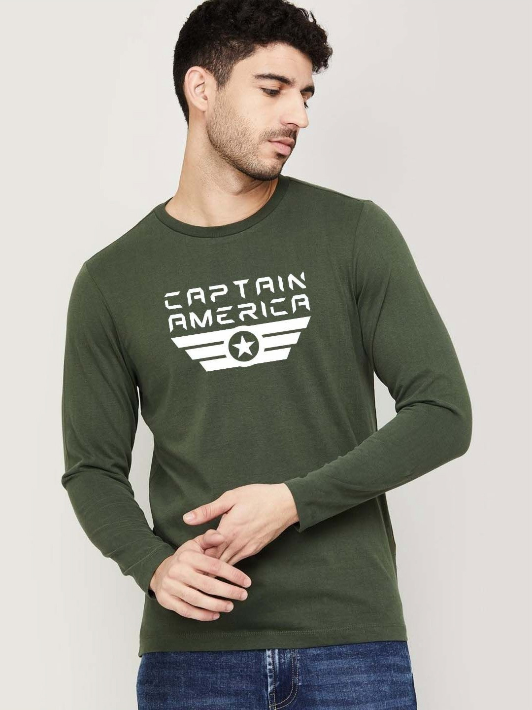 Organic Chics Men Captain America Bio Finish Graphic Printed Round Neck Cotton T-shirt