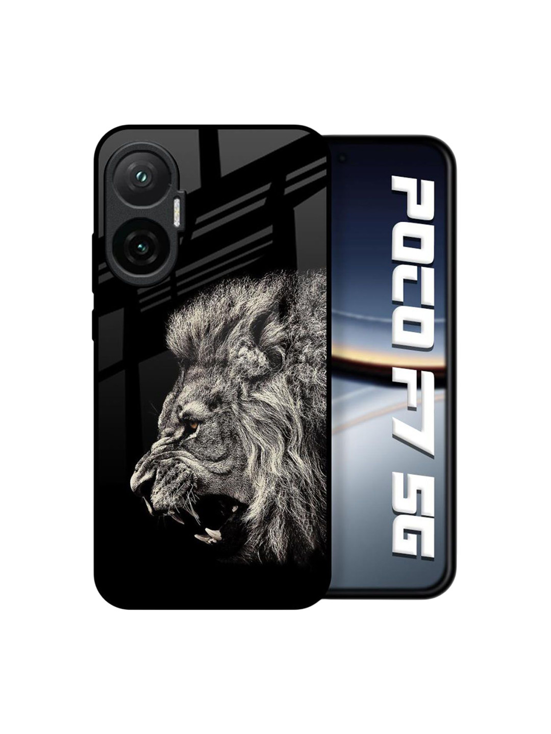 QRIOH Unisex Poco F7 5G Quirky Brave Lion Shockproof Glass Back Case