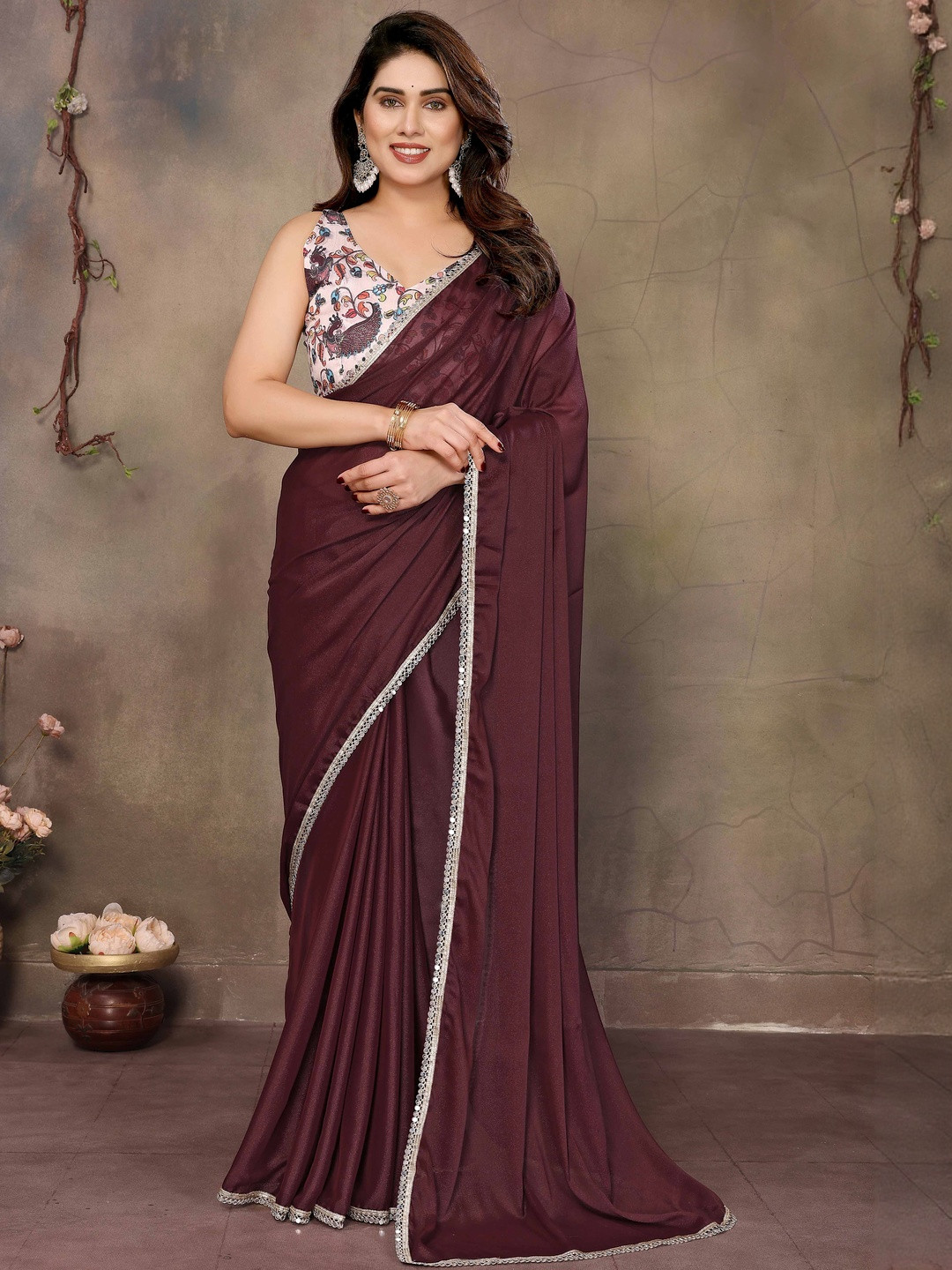 Burgundy Solid Georgette Saree with Unstitched Blouse Piece