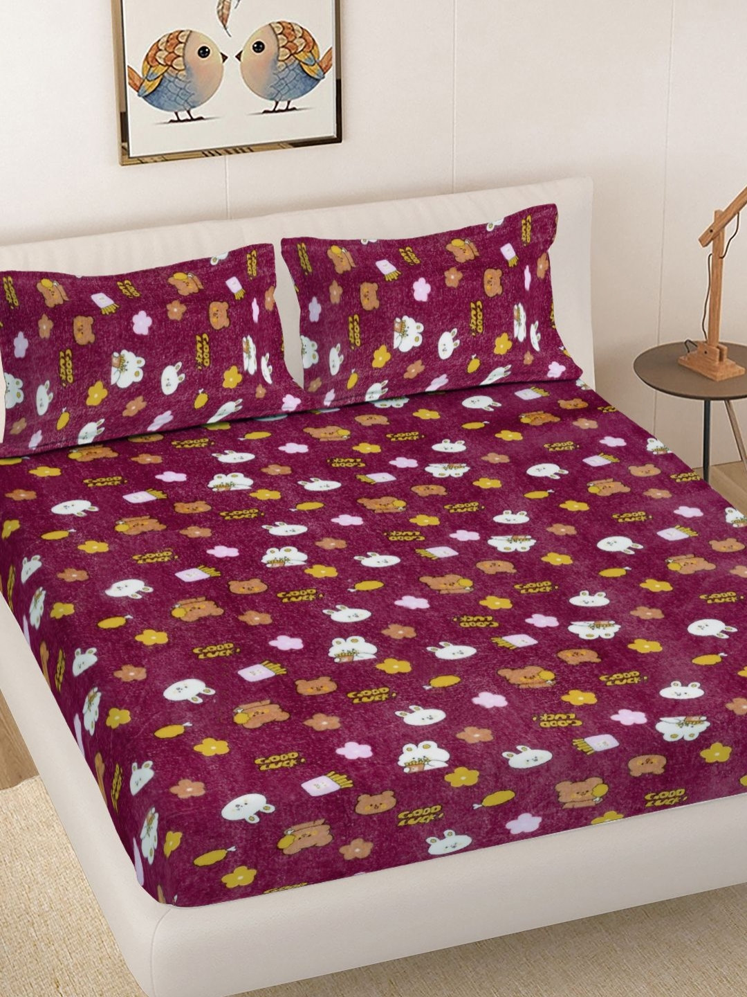 FABINALIV Kids Burgundy Cartoon Characters Woolen 300 TC King Bedsheet With 2 Pillow Cover