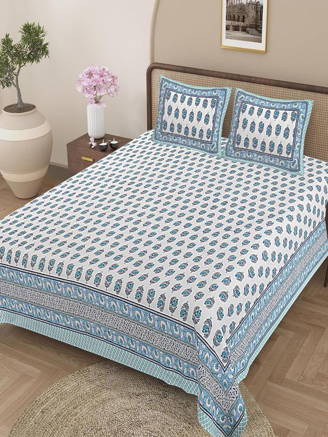 Jaipur Weaves Warm Blue Ethnic Motifs Cotton Skin-Friendly 180 TC King Fine Bedsheet with 2 Pillow Covers-274 x 274 cm