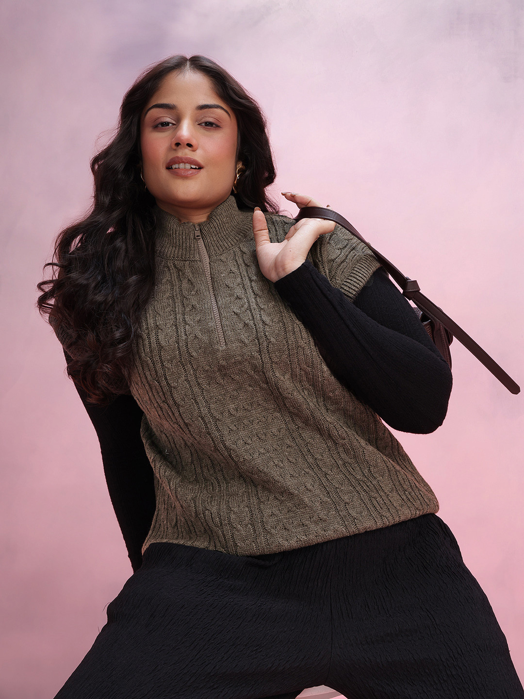 DressBerry Curve Cable Knit Extended Sleeves Half Zippered Acrylic Sweater Vest