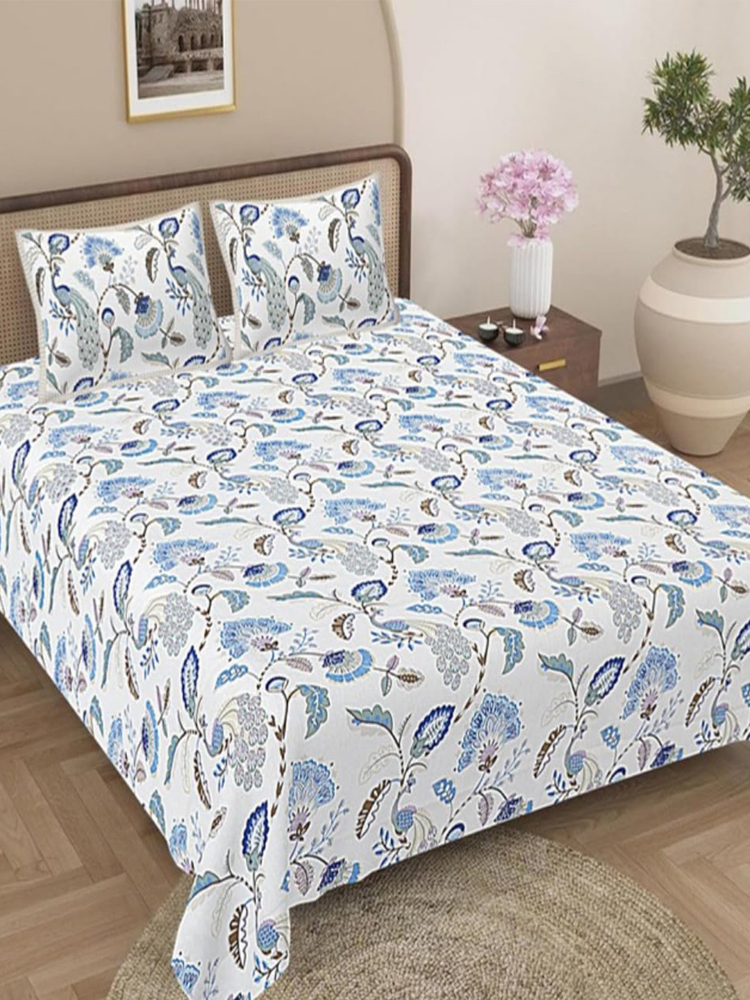 Jaipur Weaves Blue Floral Cotton Skin-Friendly 144 TC Queen Bedsheet with 2 Pillow Covers-108 x 90 inches