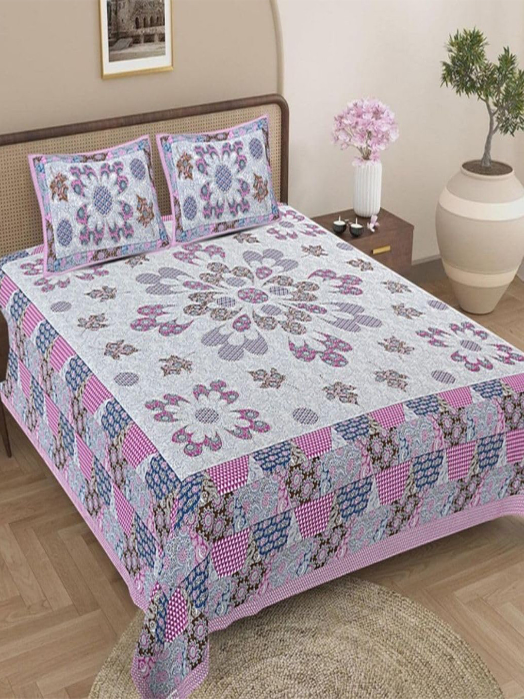 Jaipur Weaves Polaris Lavender Ethnic Motifs Cotton Breathable 180 TC King Bedsheet with 2 Pillow Covers-108 x 108 inches