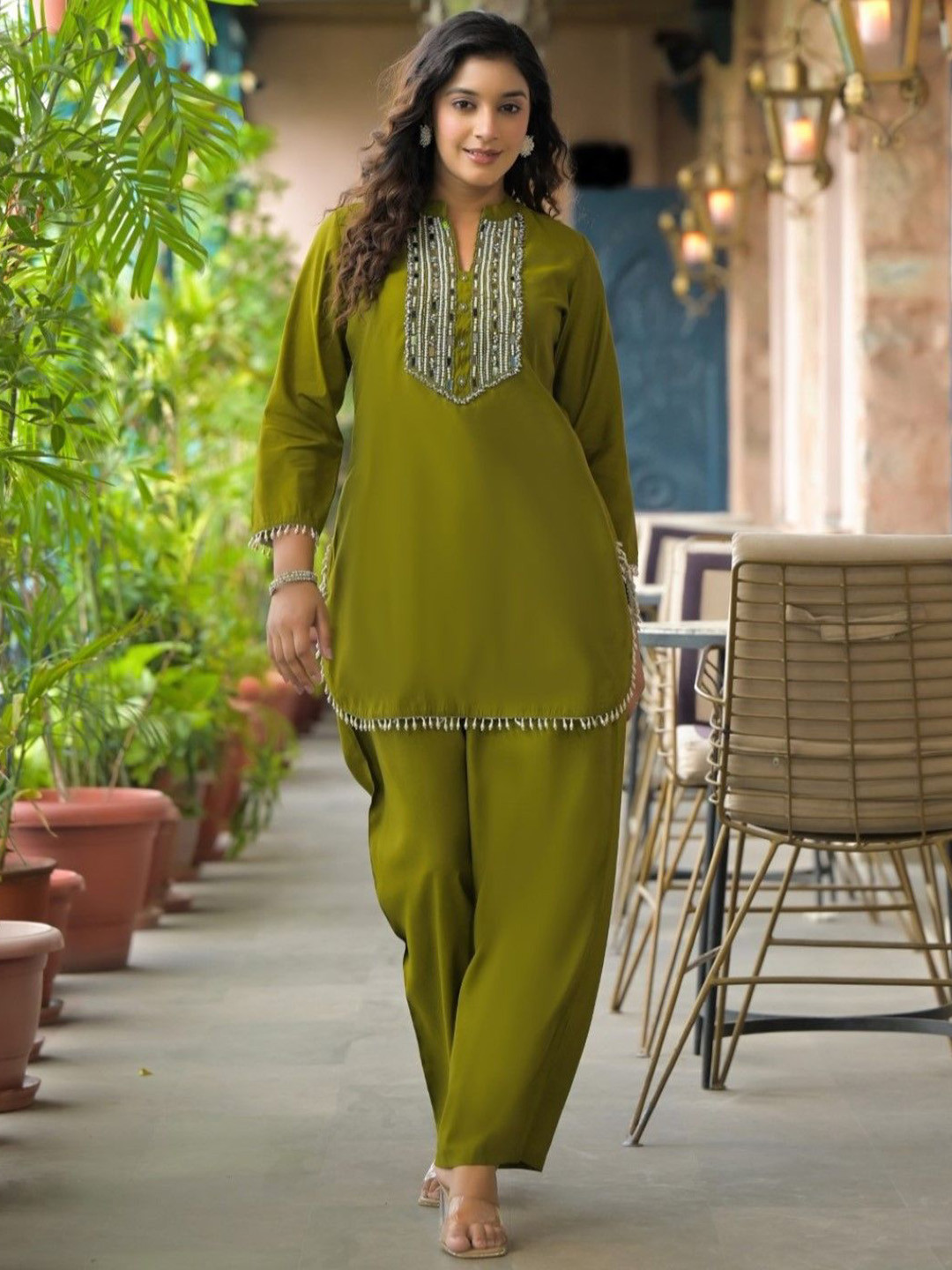 AUTUMN LANE Bali Moss Embellished Mandarin Collar Tunic With Trousers Co-Ords