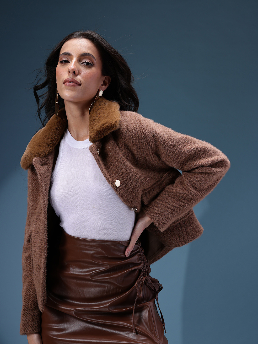 bebe Fleece Collar Shimmer Tailored Jacket