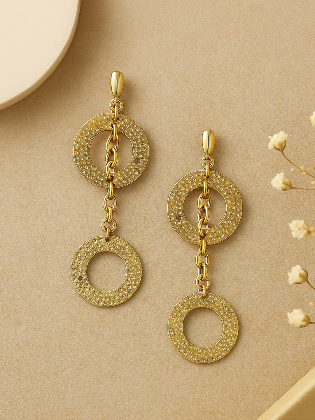 Estele Gold Plated Dual Circular Designer Beaten Gold Earrings