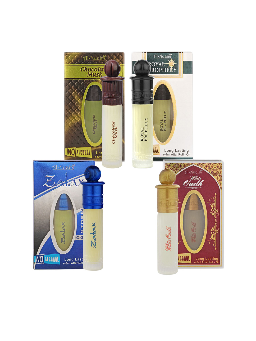 Al-Nuaim 4 Pcs Attar 6ml Each - Chocolate Musk, Royal Prophecy, Zatax & White Oudh