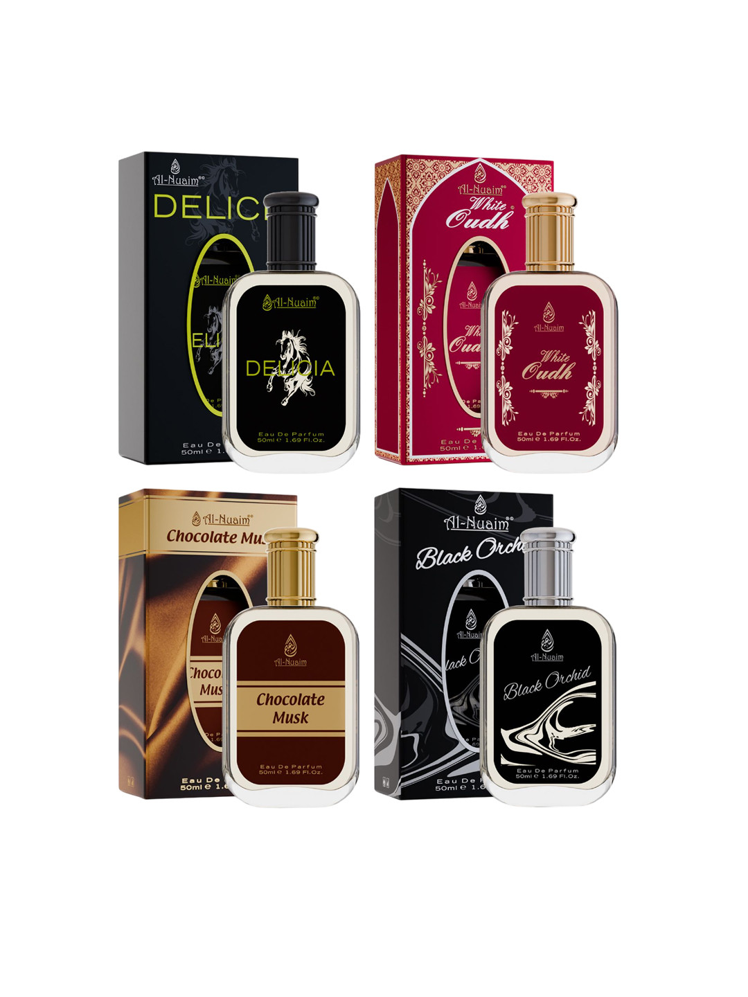 Al-Nuaim Set Of 4 EDP 50ml Each - Black Orchid, Chocolate Musk, Delicia & White Oudh