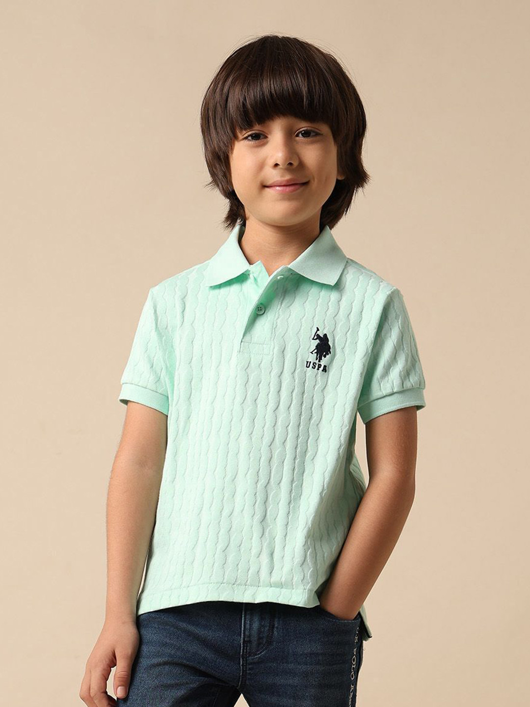 Uspa Kids Boys Textured Pure Cotton Polo T-shirt