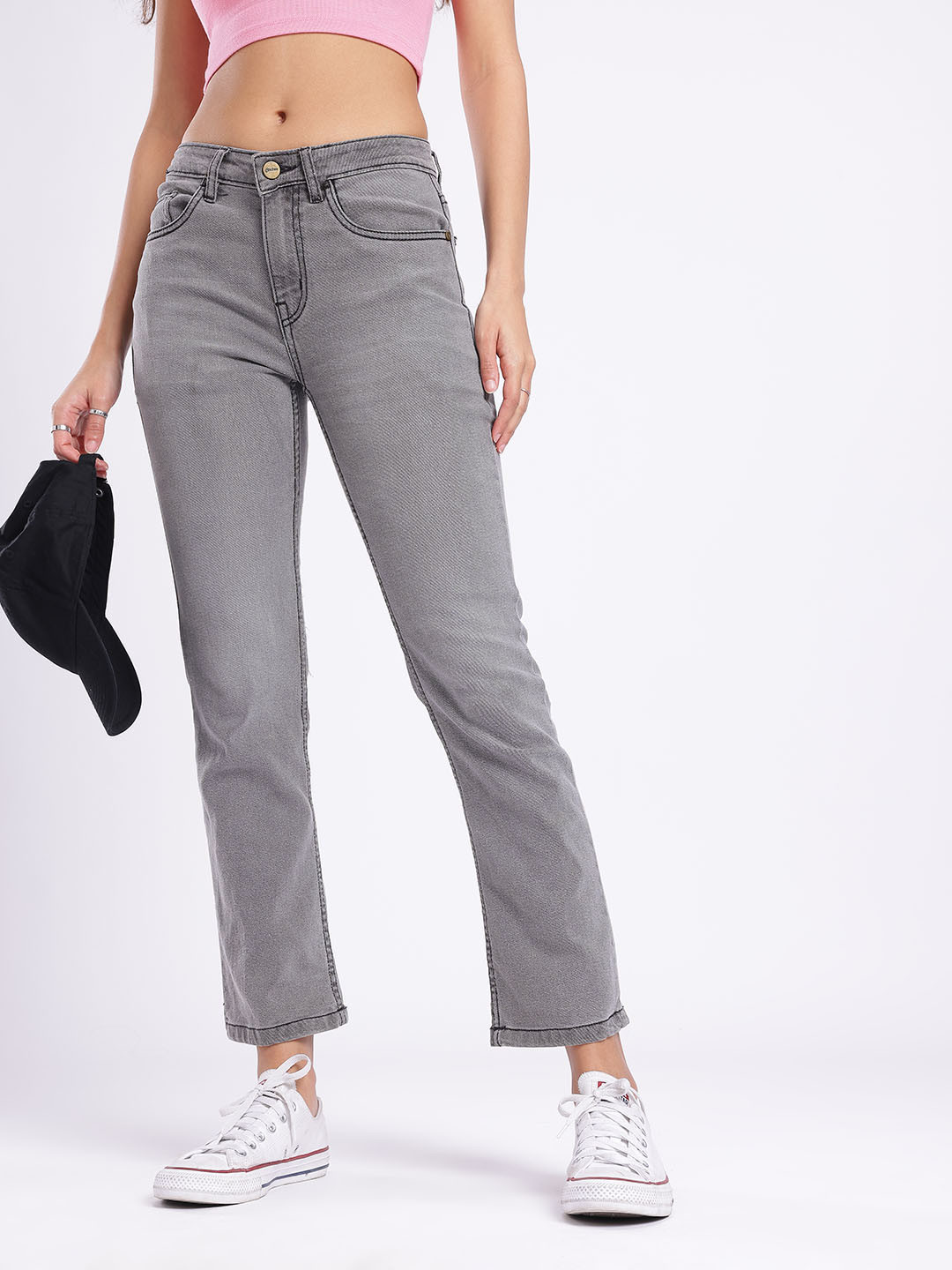 glitchez Women Straight Fit Medium Grey Stretchable Jeans