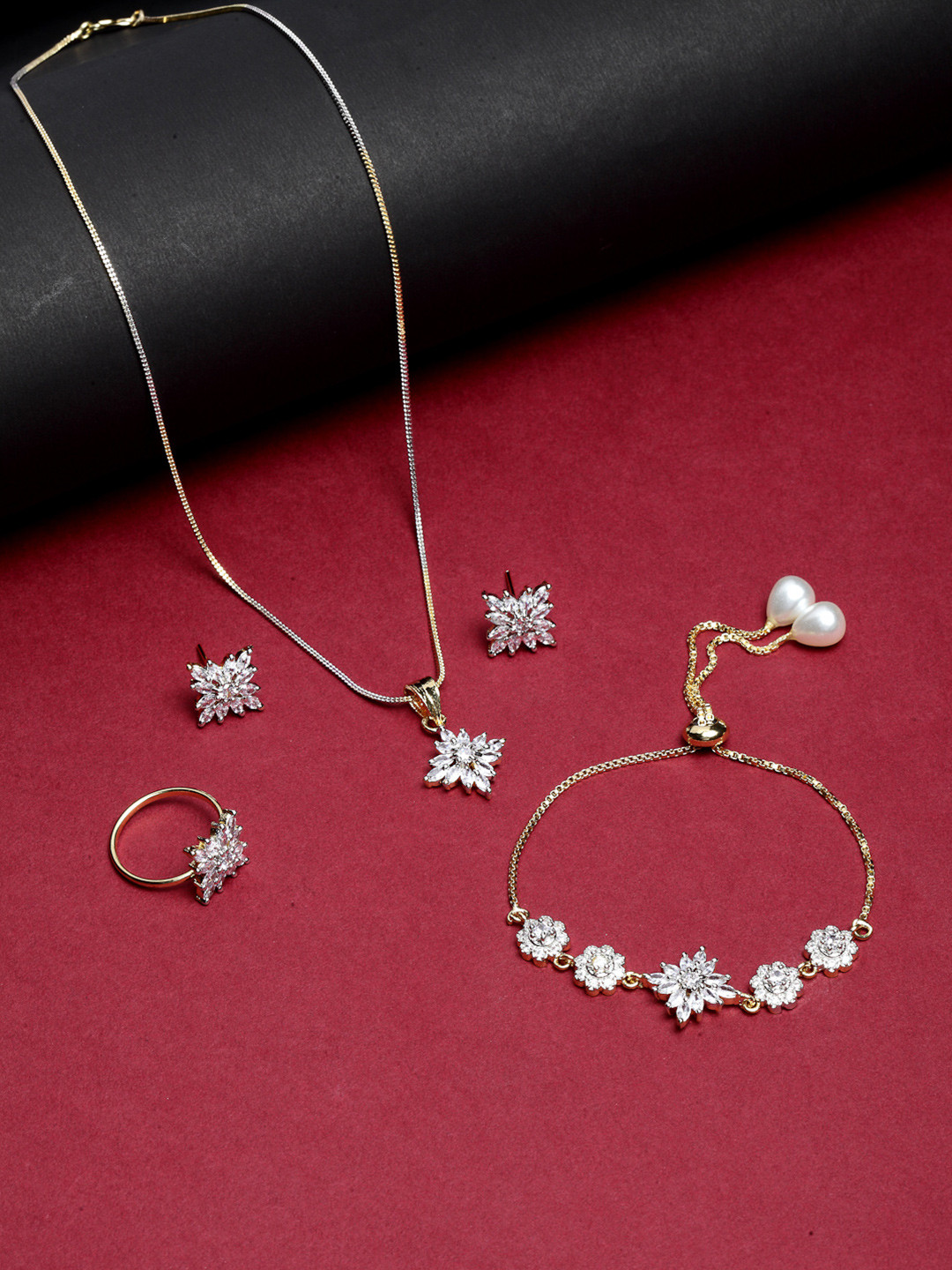 ZENEME White Gold-plated Asscher Shaped American Diamond Studded Jewellery Set