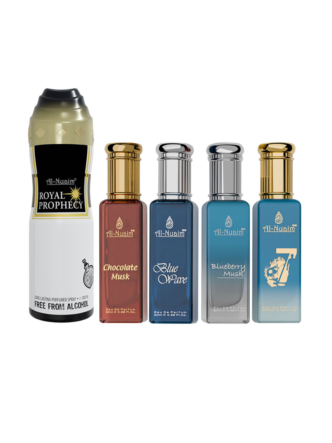 Al-Nuaim Set Of 5 French Eau De Parfum 20ml Each & Royal Prophecy Musk Deodorant 200ml