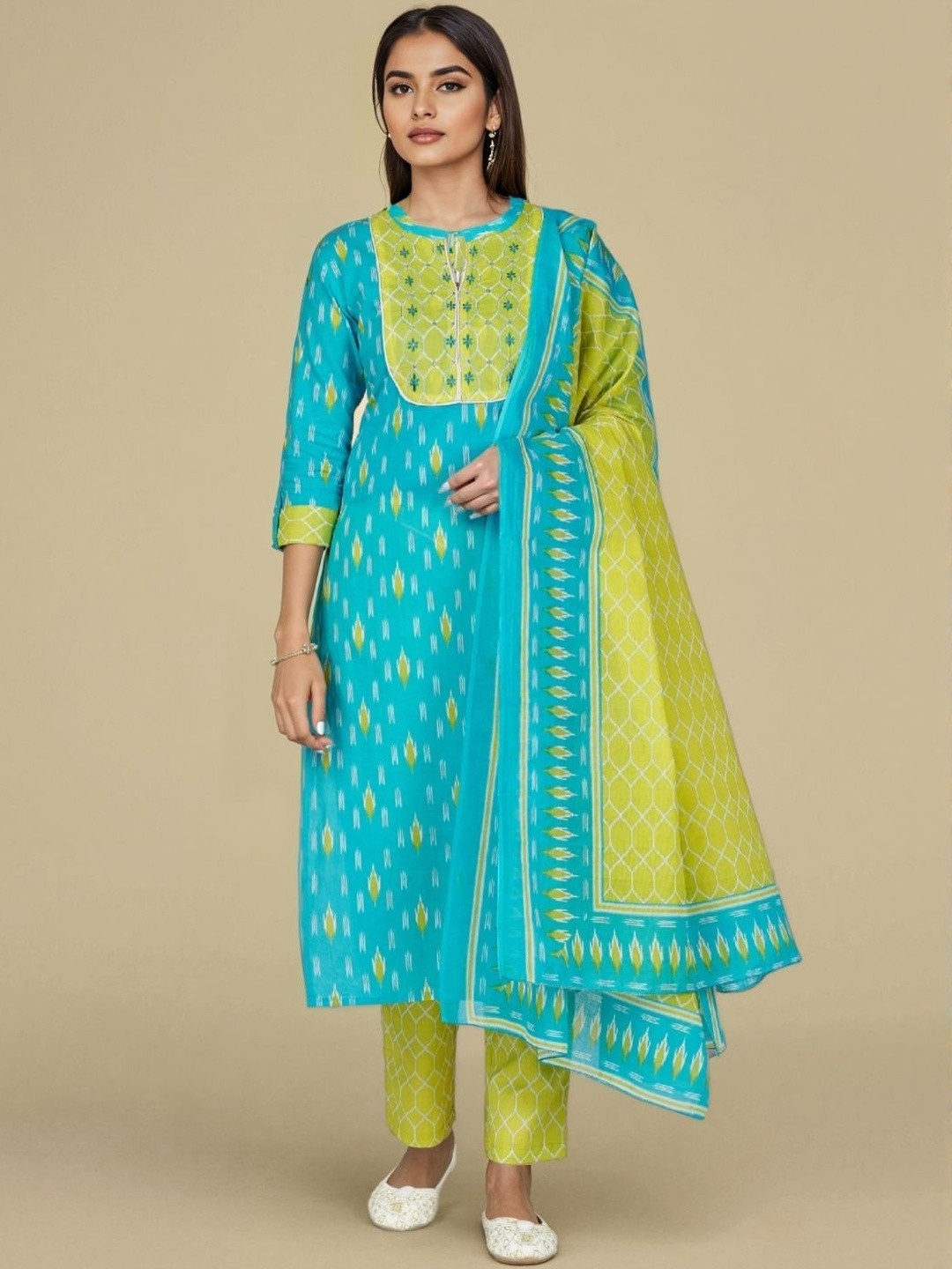 SZN Turquoise Blue Printed Kurta Pant Set with Dupatta
