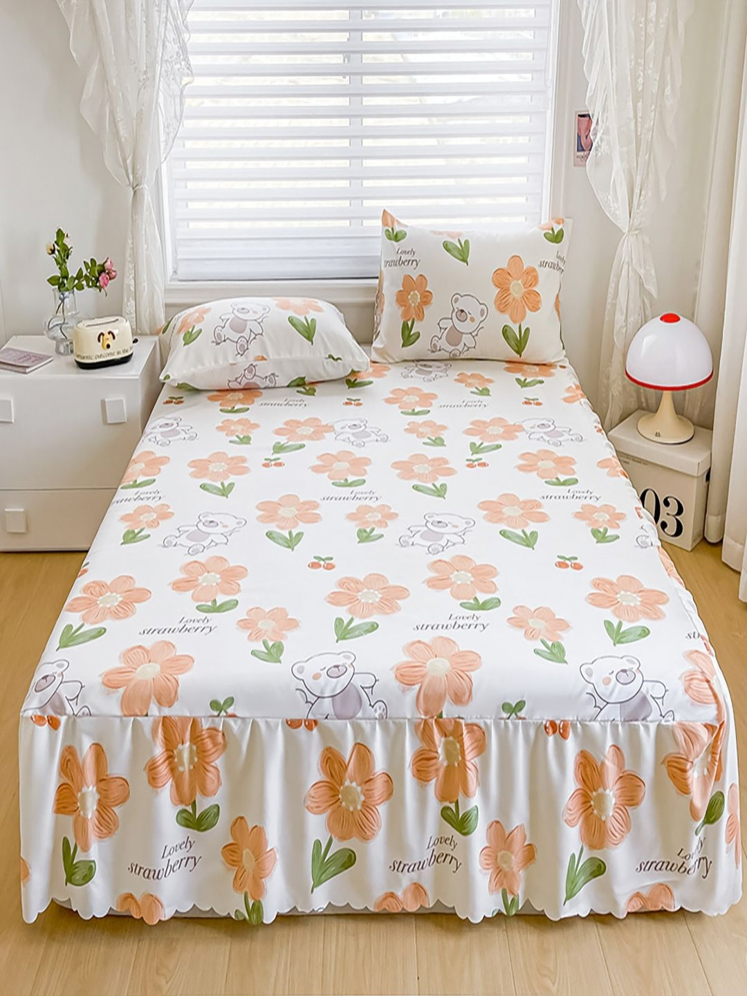JC HOME Off White & Orange Floral 140 TC Fitted Single Bedsheet with Pillow Cover -1.20x2m