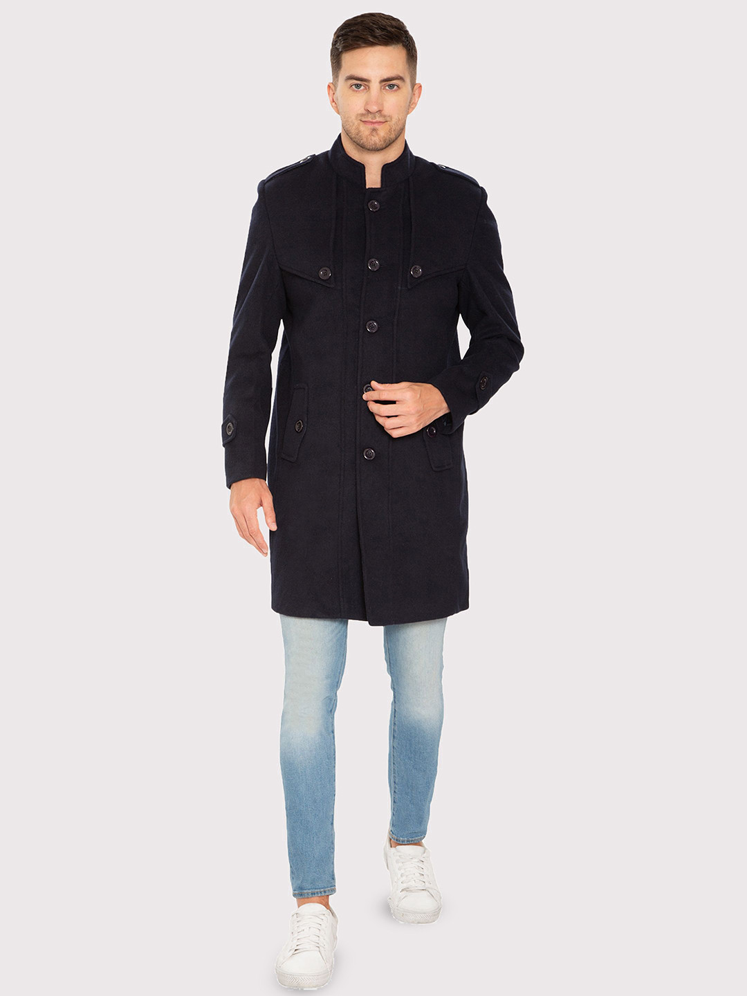 HAUTEMODA Notched Collar Woolen Single-Breasted Long Overcoat