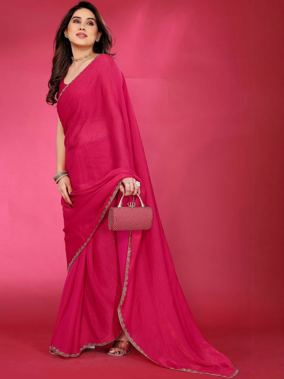 Pink Solid Chiffon Saree with Unstitched Blouse Piece
