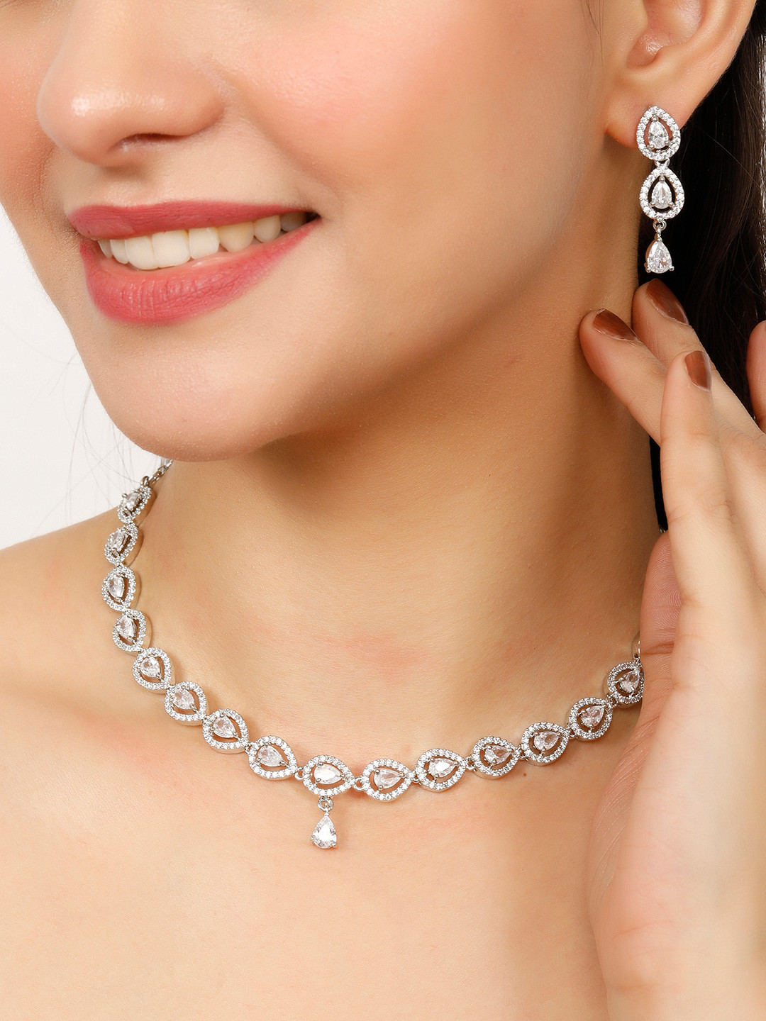 VIVAZS Rodium-Plated Cubic Zirconia-Studded Minimal Statement Jewellery Set