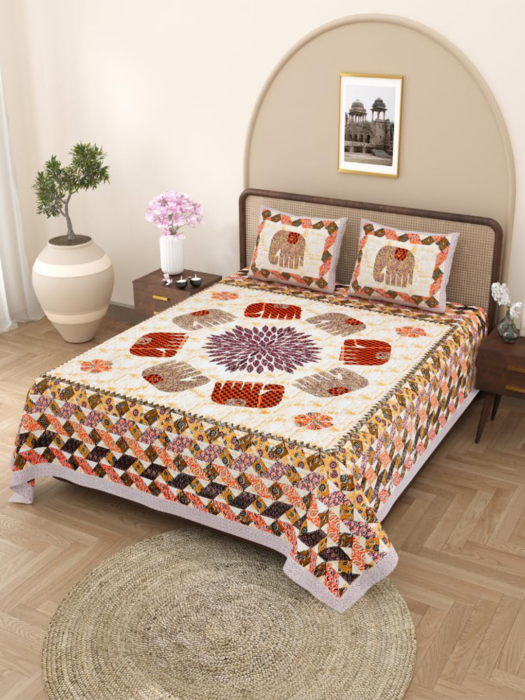 Jaipur Weaves Polaris Orange Ethnic Motifs Cotton Breathable 180 TC King Fine Bedsheet with 2 Pillow Covers-183 x 198 cm
