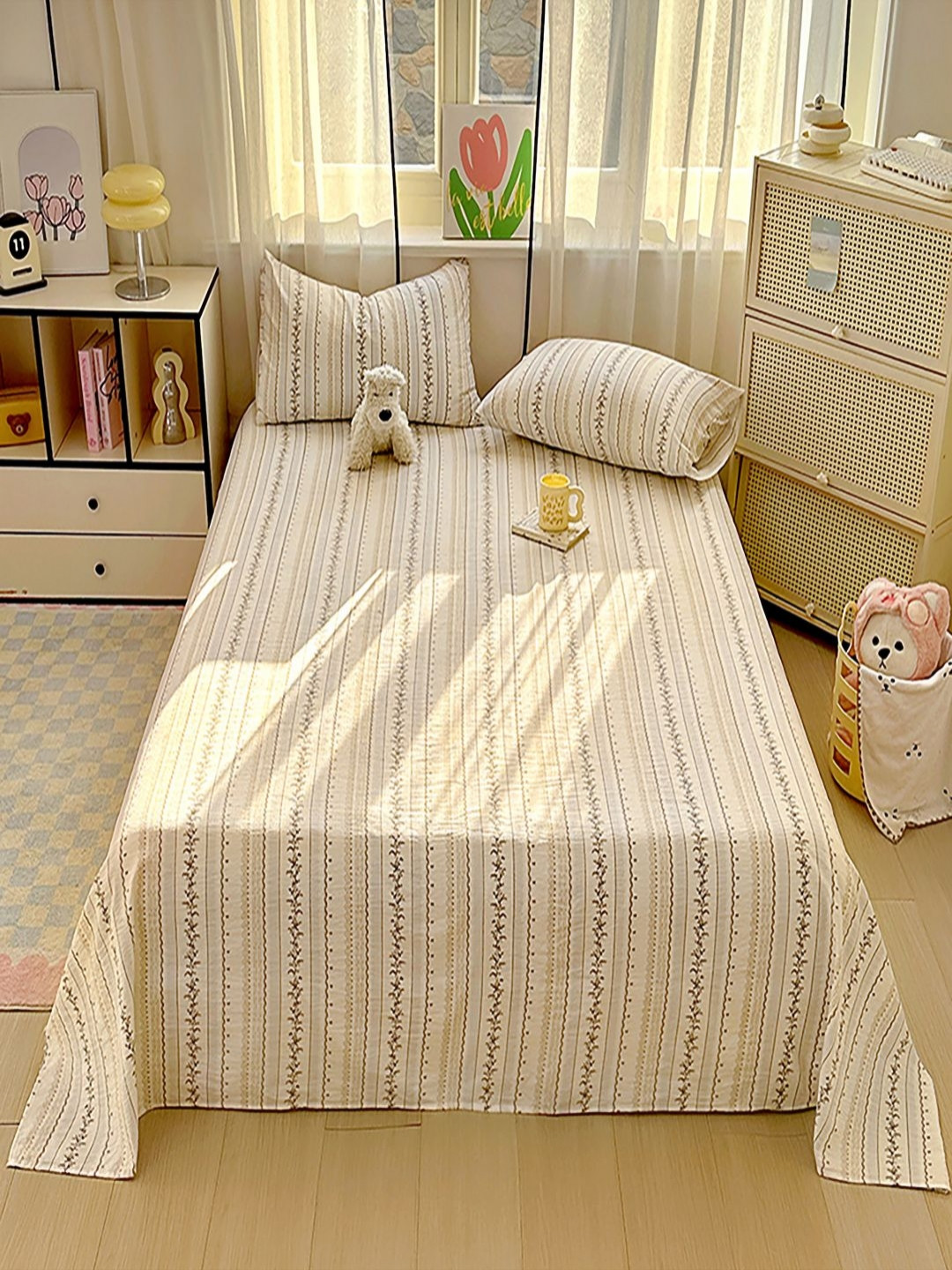 JC HOME Off White & Brown Floral 140 TC King Bedsheet Set- 2.00m x 2.30m