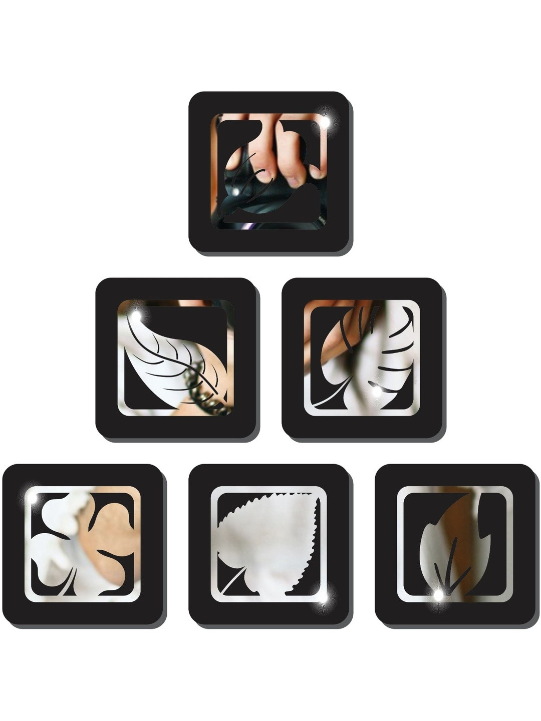 GloShvi Set Of 6 Laminated MDF & Silver Acrylic Mirror Leaf Wall Art