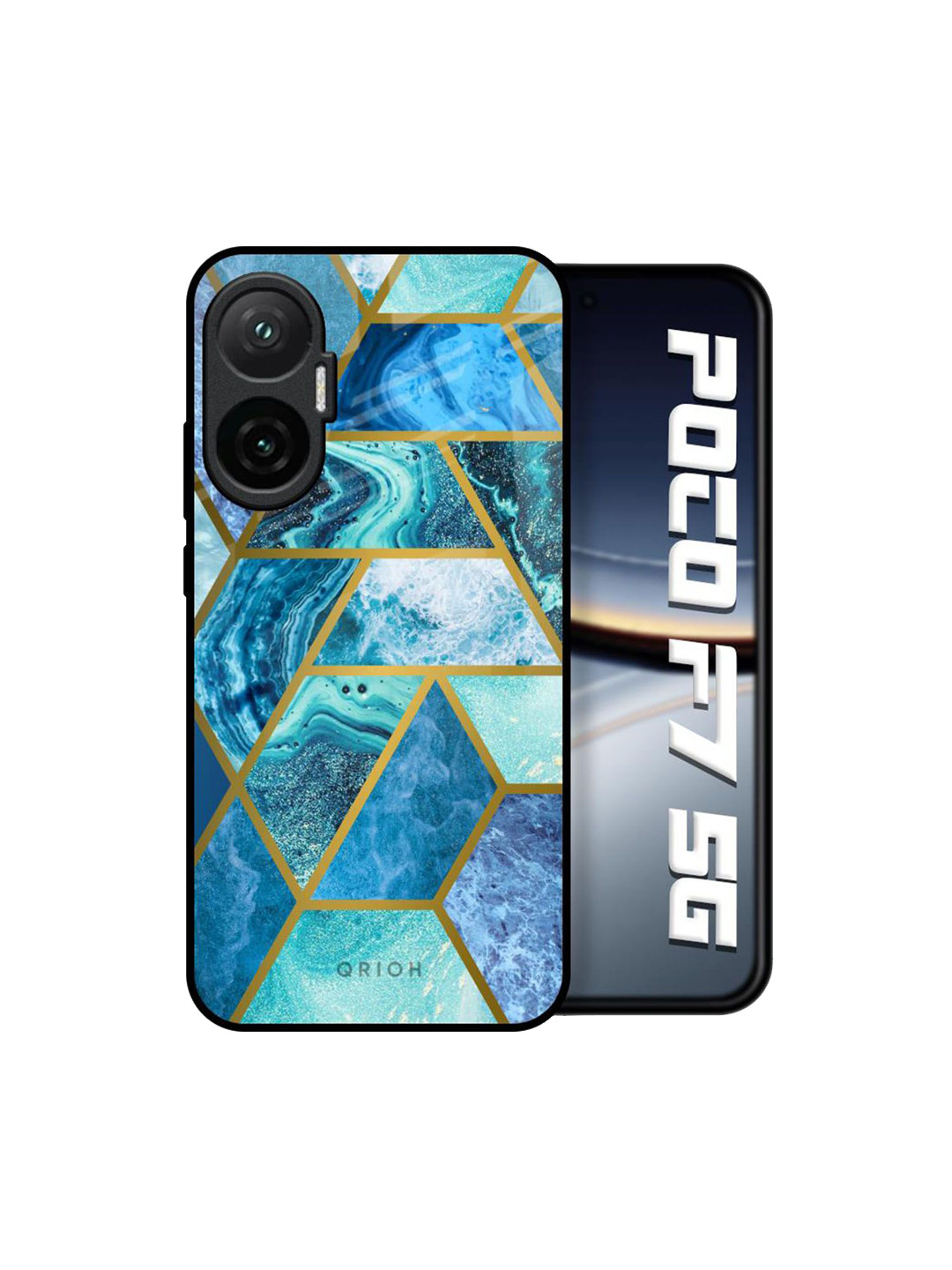 QRIOH Unisex Poco F7 5G Geometric Turquoise Geometrical Marble Shockproof Glass Back Case
