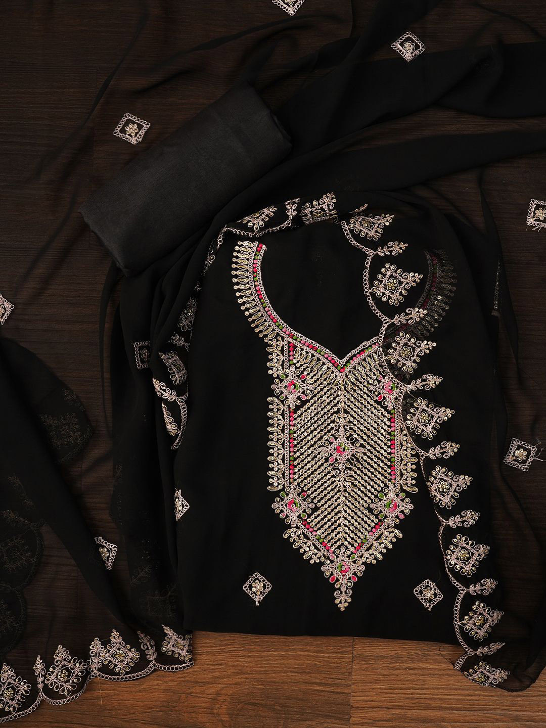 Desi Fusion Floral Embroidered Thread Work Silk Georgette Unstitched Dress Material