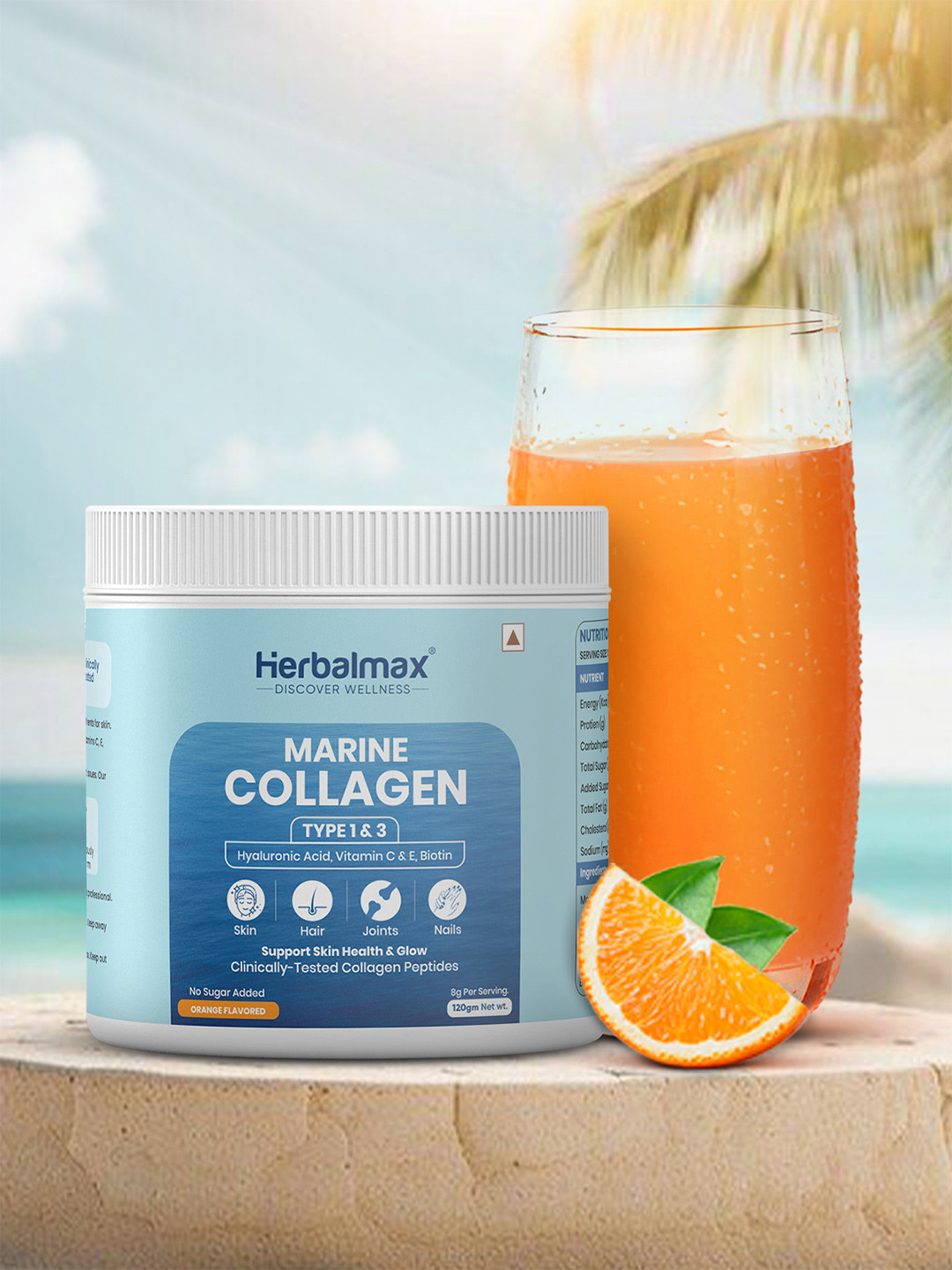 Herbal max Marine Collagen Powder with Hyaluronic Acid & Vitamin E 120g - Orange Flavor