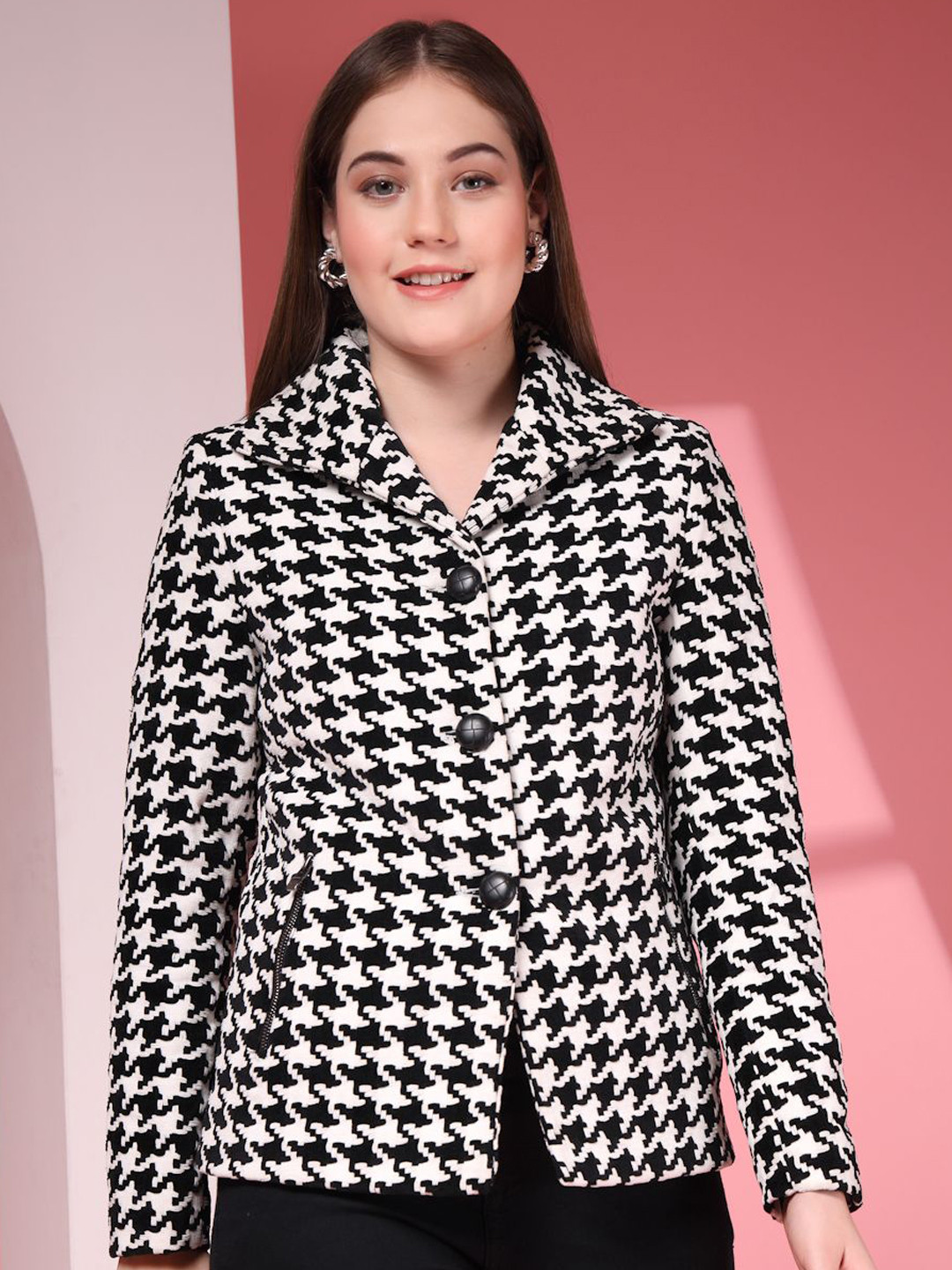 Thirty Threads Women Printed Notched Lapel Collar Pea Coats