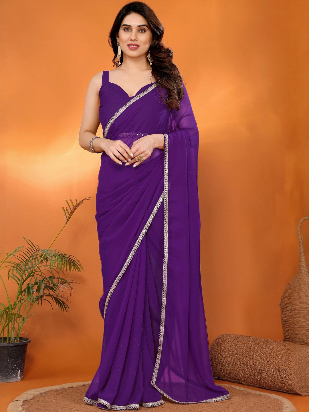 Dark Violet Solid Georgette Saree with Unstitched Blouse Piece