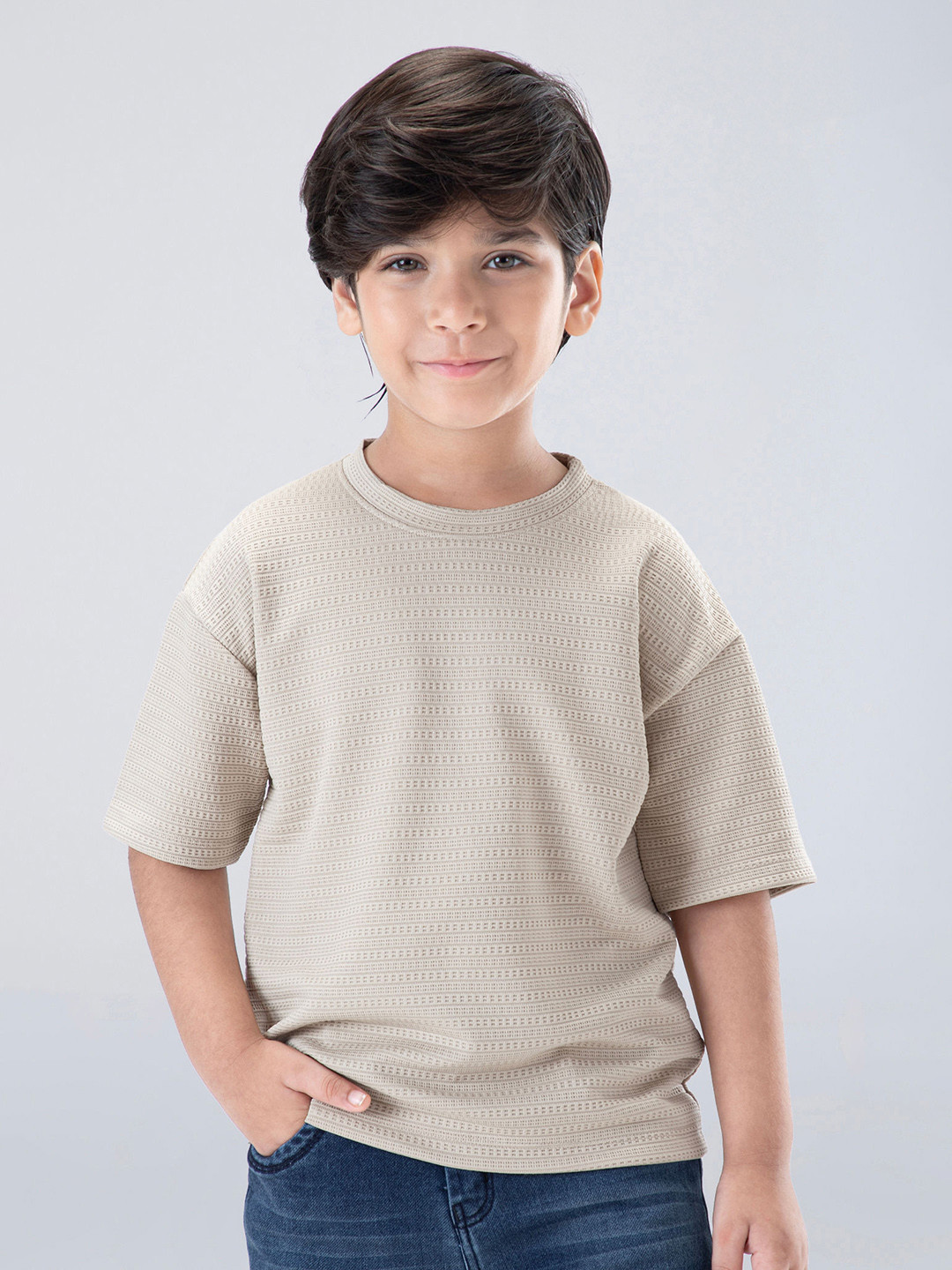 Hopscotch Boys Beige Solid Textured T-shirt