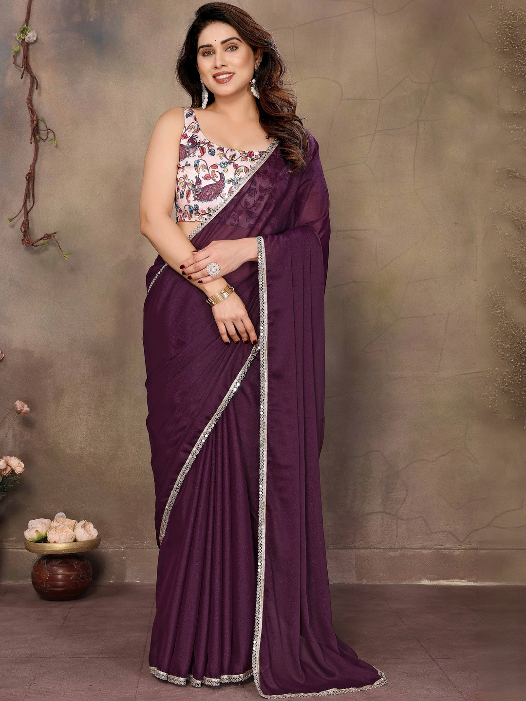 Wine Solid Georgette Saree with Unstitched Blouse Piece