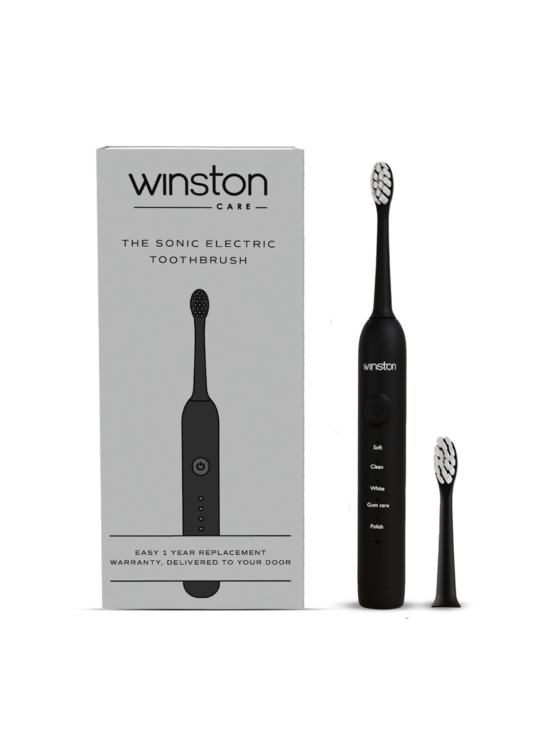WINSTON Sonic Electric Toothbrush with Soft Charcoal Bristles & 2 Cleaning Modes - Black