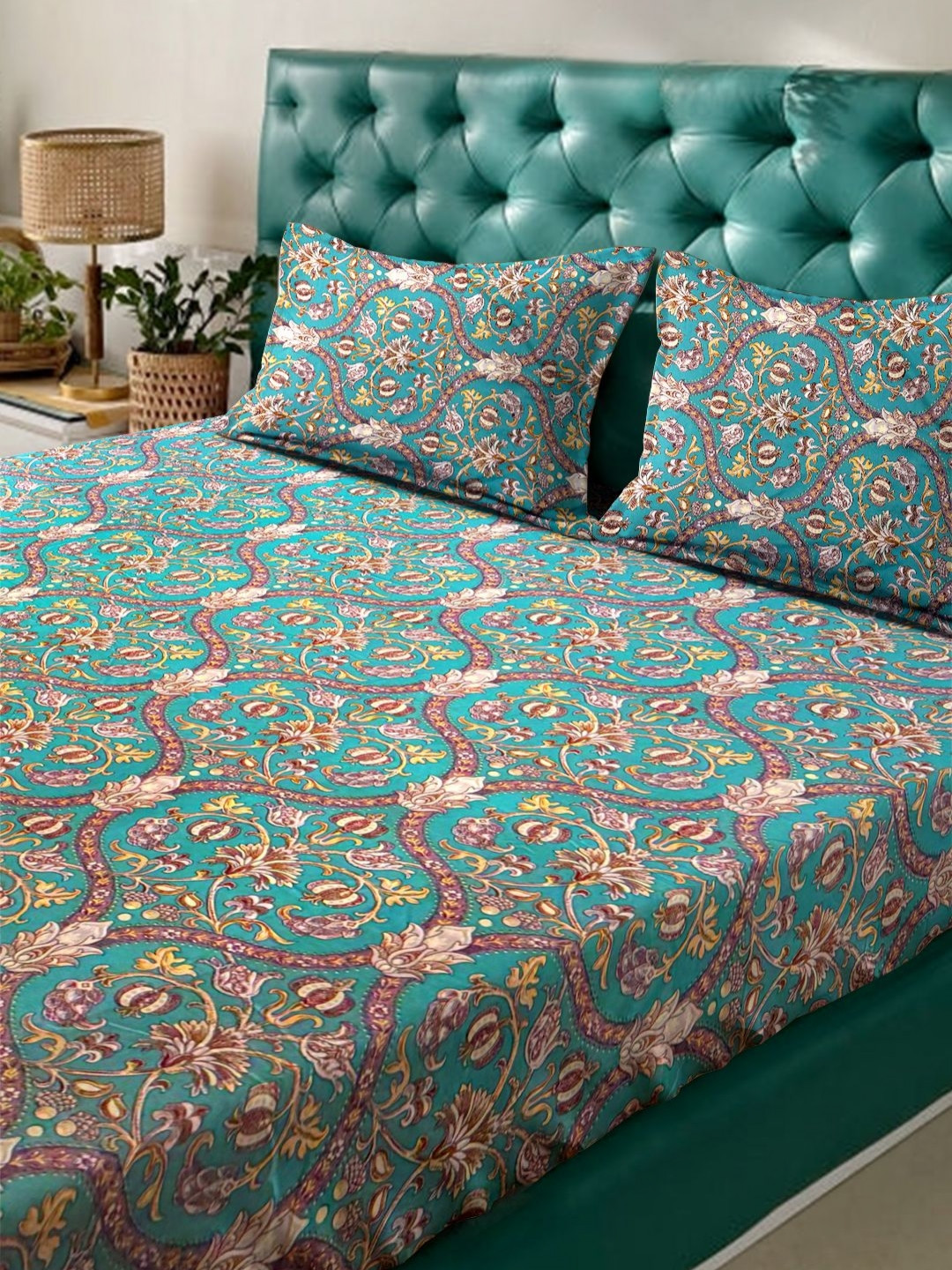 Ackross Aurelia Green Floral Microfiber 120 TC Double King Bedsheet Set-2.74mX2.74m