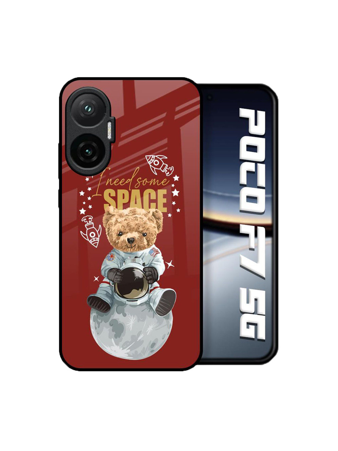 QRIOH Unisex Poco F7 5G Typography Astronaut Bear Shockproof Glass Back Case