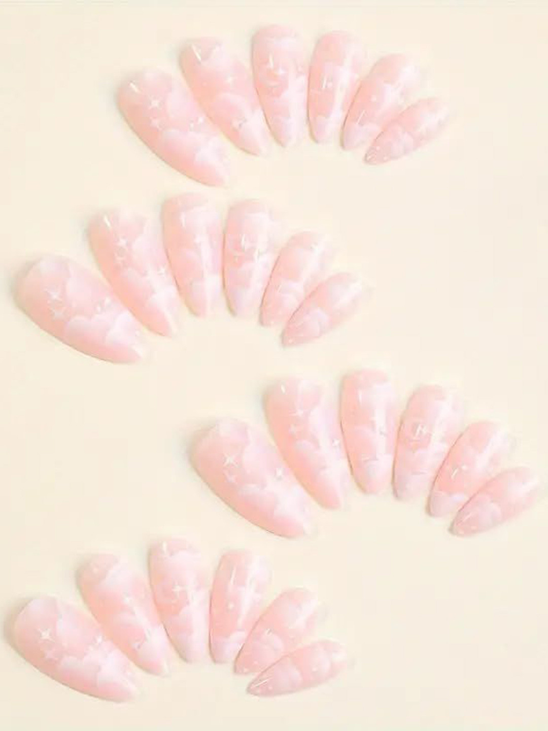 Indie Nails Set Of 24 Medium Length Oval Shaped Cloud Designed Reusable Press-On Nails Kit