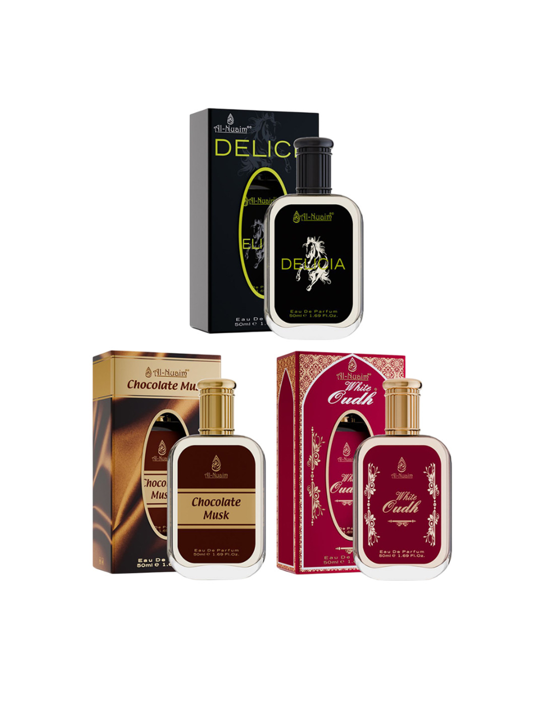 Al-Nuaim Set Of 3 Eau De Parfum 50ml Each - Delicia, Chocolate Musk & White Oudh