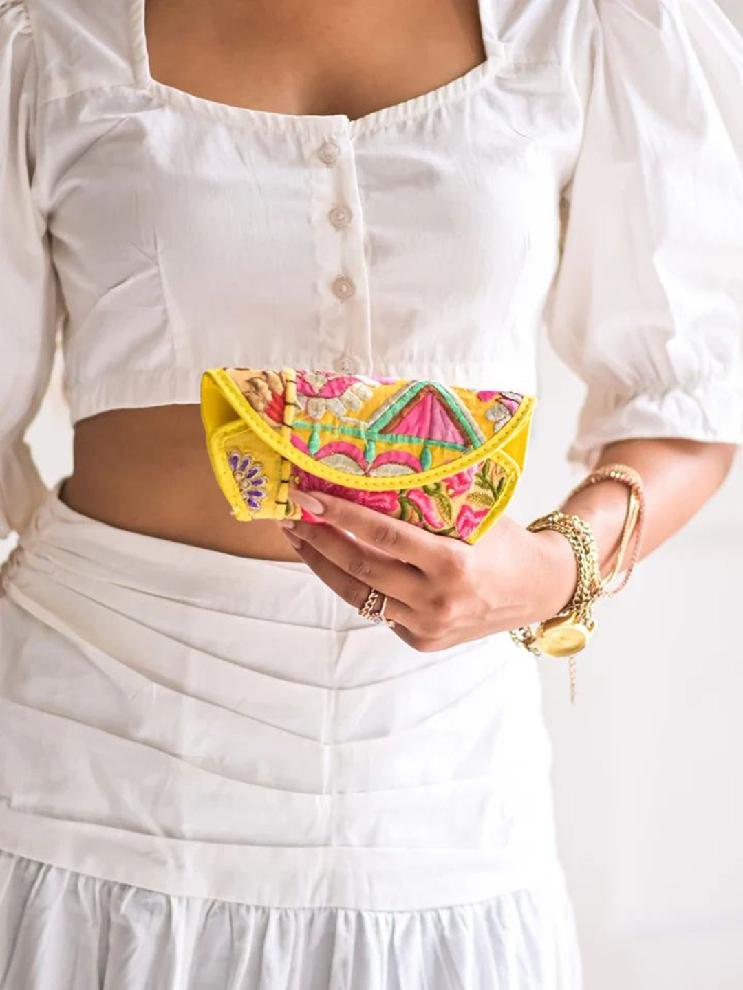 Needles Play Yellow & Green Embellished Cotton Sunglasses Case