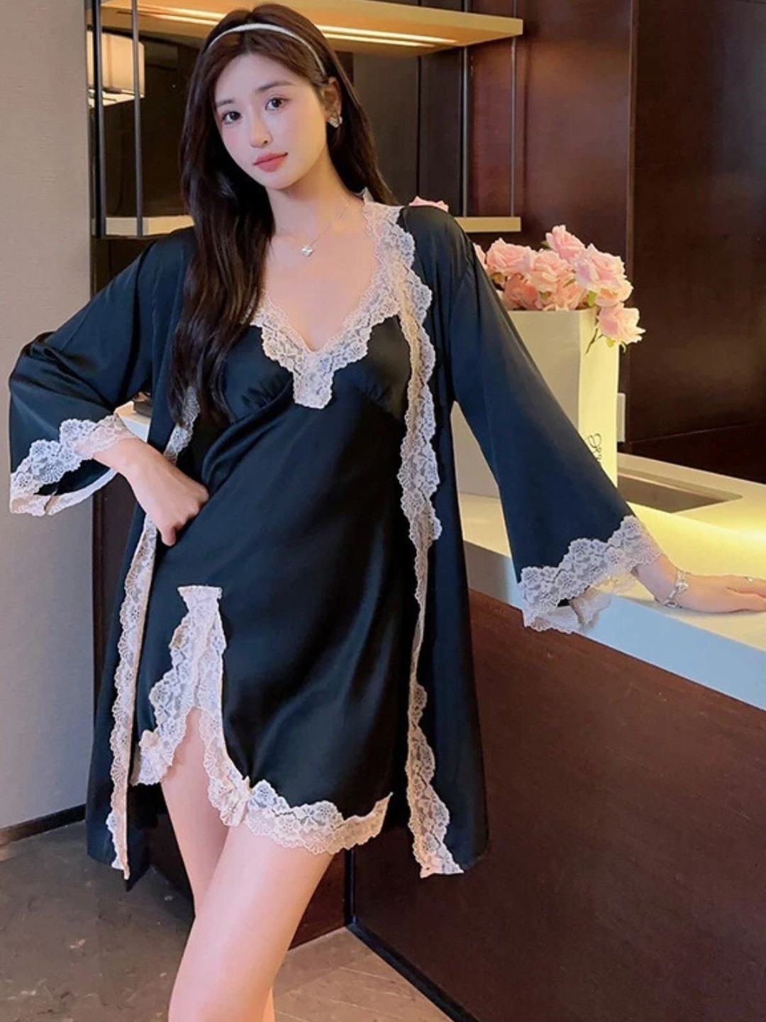 For You For Me Women Black Satin Baby Doll Nightdress