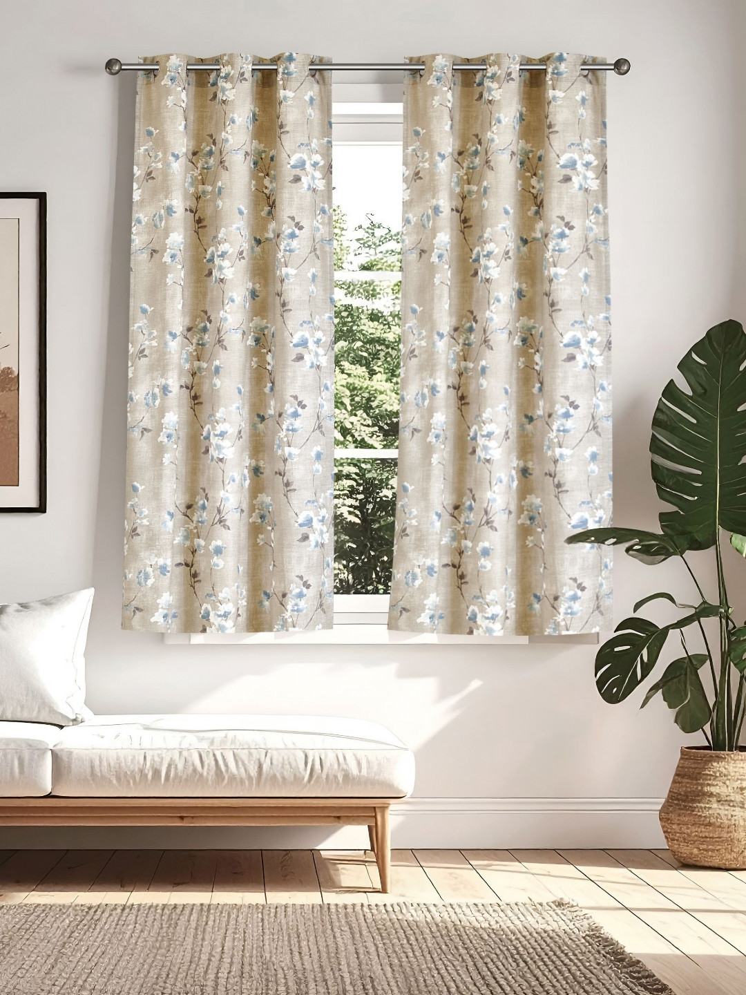 Home Centre Mellow Beige & Blue 2 Pieces Floral Printed Room Darkening Window Curtains