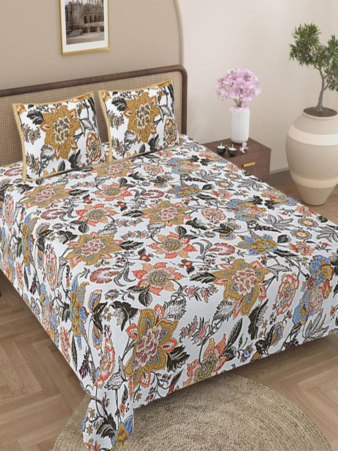 Jaipur Weaves Apple Yellow Floral Cotton Skin-Friendly 144 TC Queen Fine Bedsheet with 2 Pillow Covers-108 x 108 inches